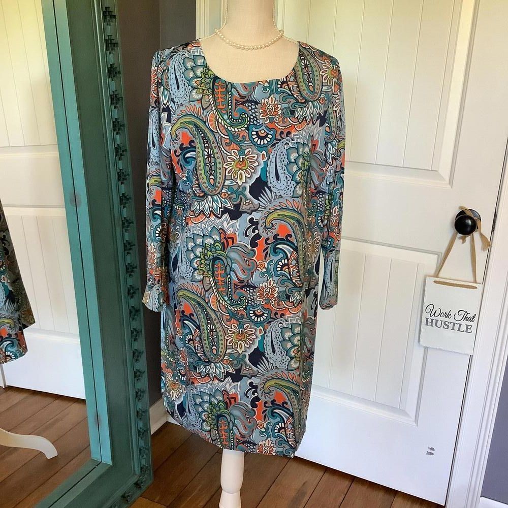 J. Crew Paisley Midi Dress in Teal, Navy, Coral and Cream
